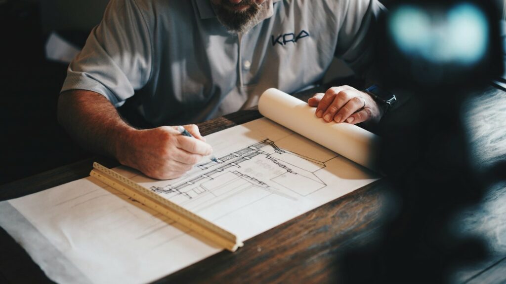 A draftsman working on blueprints for a construction project.