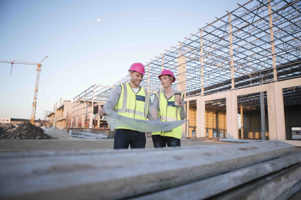 Surveyor and architect looking at blueprint on construction site