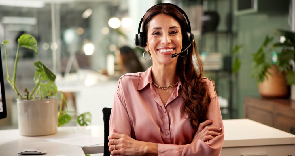 Portrait, woman and confidence with headset working as virtual construction manager