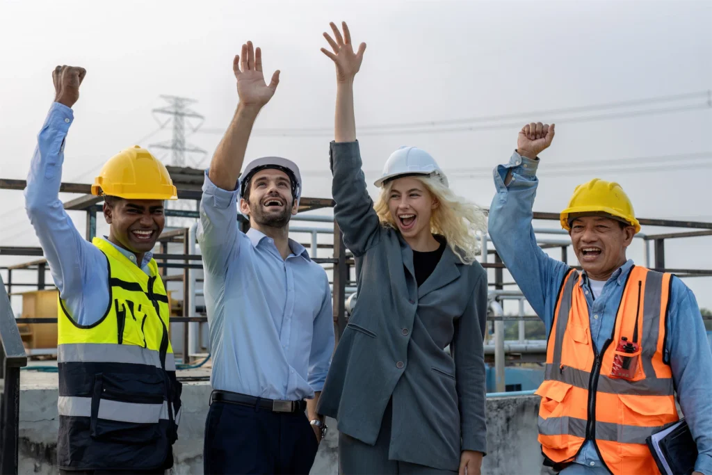 Construction team celebrating a major construction milestone with raised hands at an active jobsite