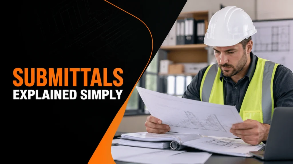 Contractor reviewing submittal drawings with submittals explained simply banner