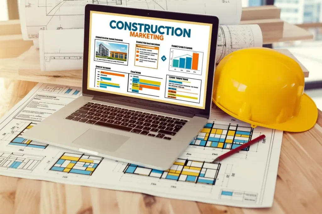 Laptop displaying construction marketing charts on blueprints
