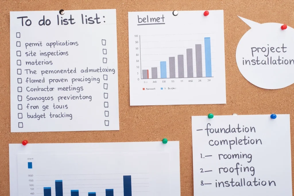 Construction project to-do list and progress charts on board