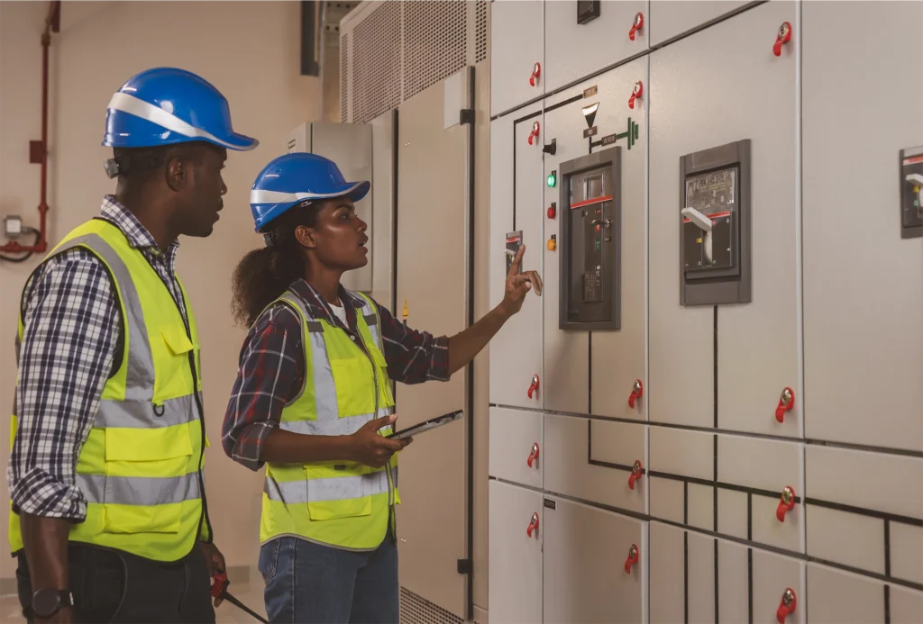 Engineer and electrician reviewing industrial control panel operations onsite