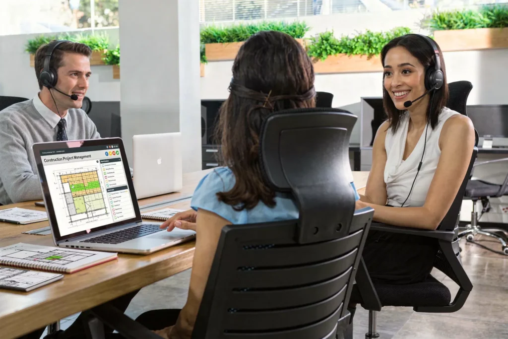 Construction project management VA team collaborating with headsets