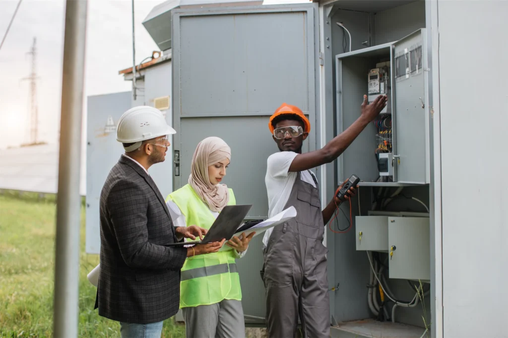 Electrical contractors inspecting electrical cabinet with digital tools