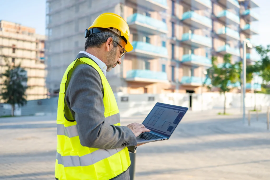A construction project manager checking plans on his laptop in front of a building construction site