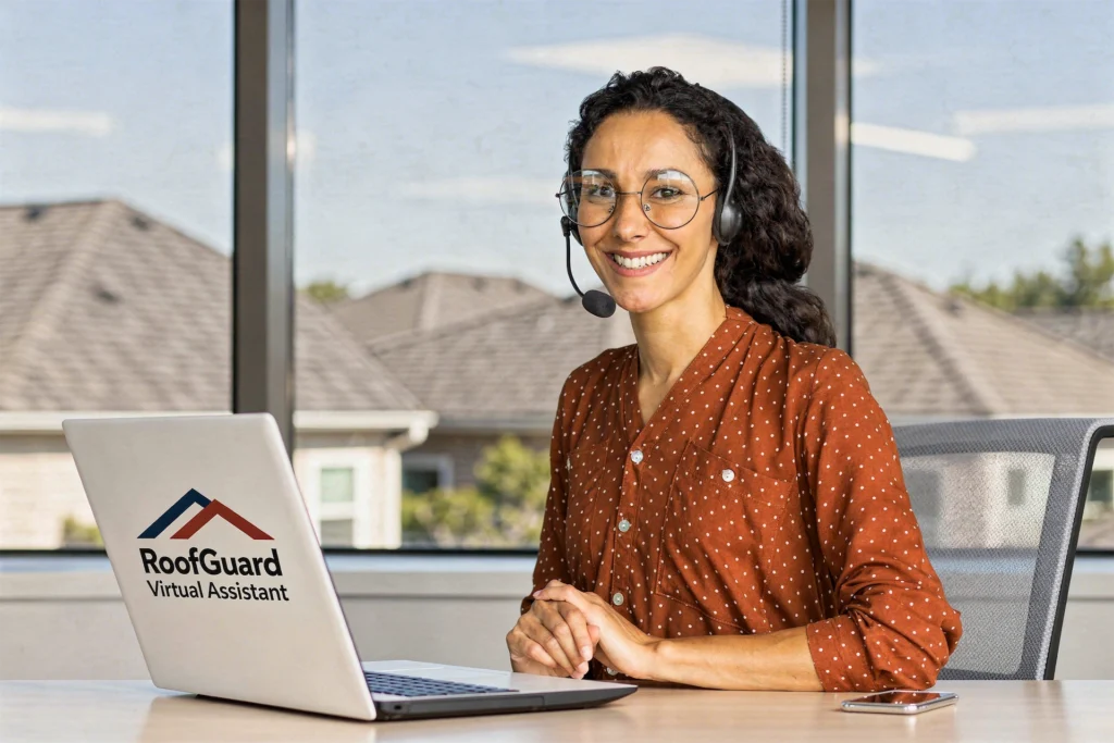 Virtual assistant supporting roofing company via laptop headset