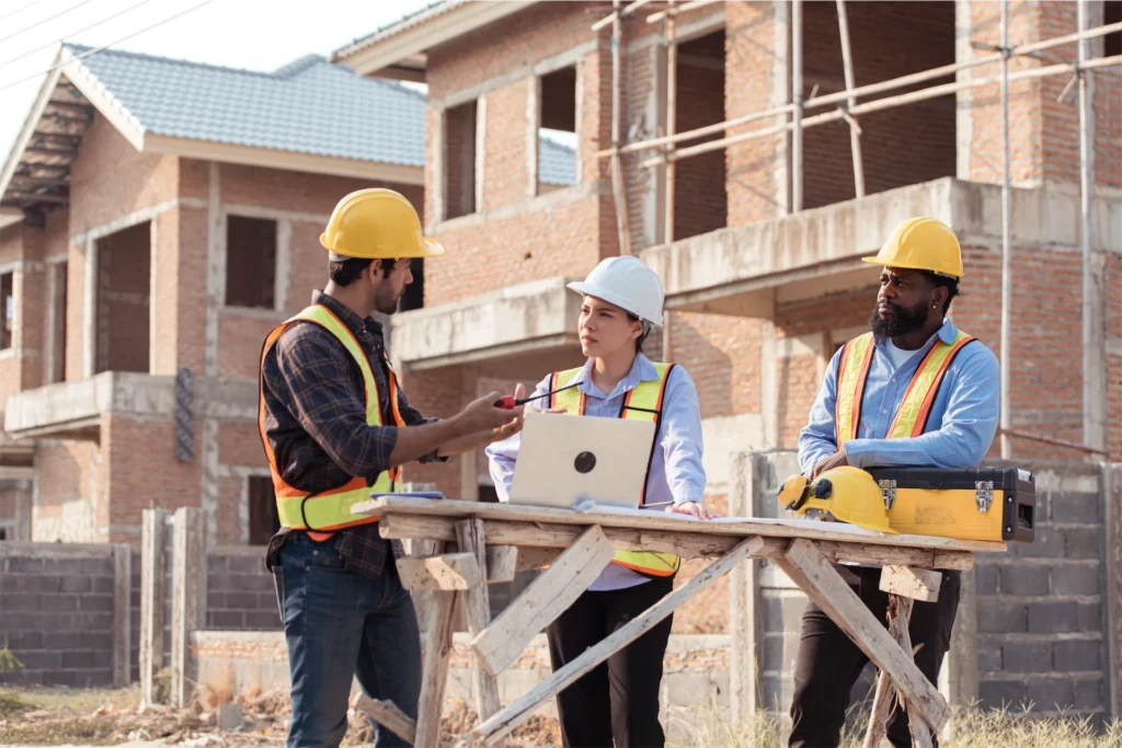 Construction team reviewing project details on active job site