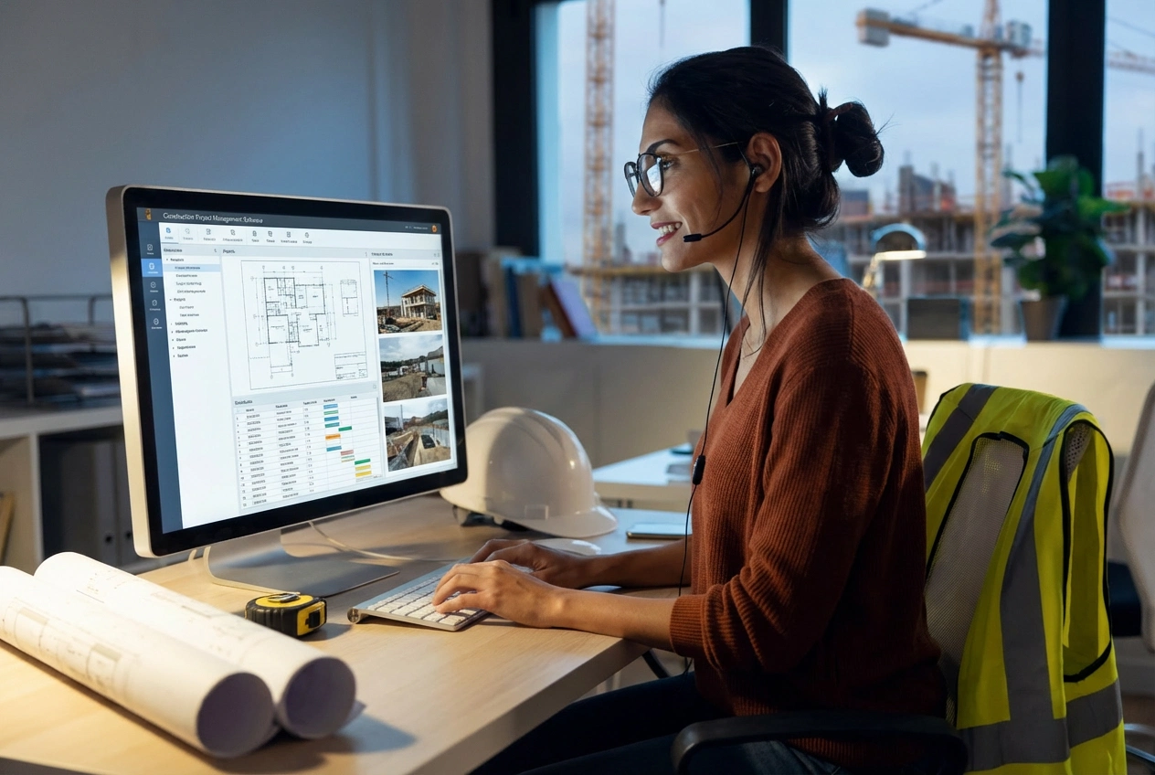 Construction virtual assistant managing project drawings on computer at office