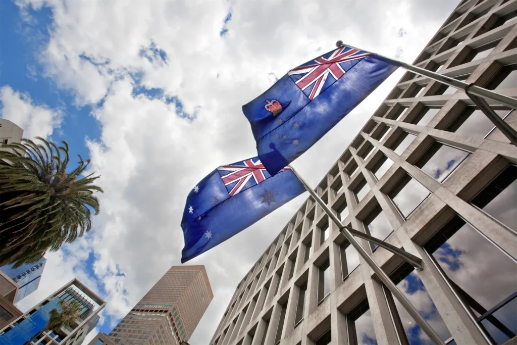 Australian flags outside office buildings for construction firms