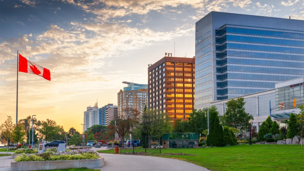 Canadian city skyline with flag representing construction clients