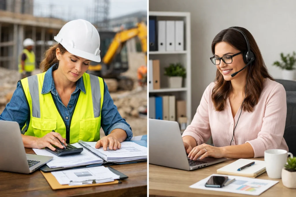 Construction bookkeeper and construction bookkeeping virtual assistant side by side