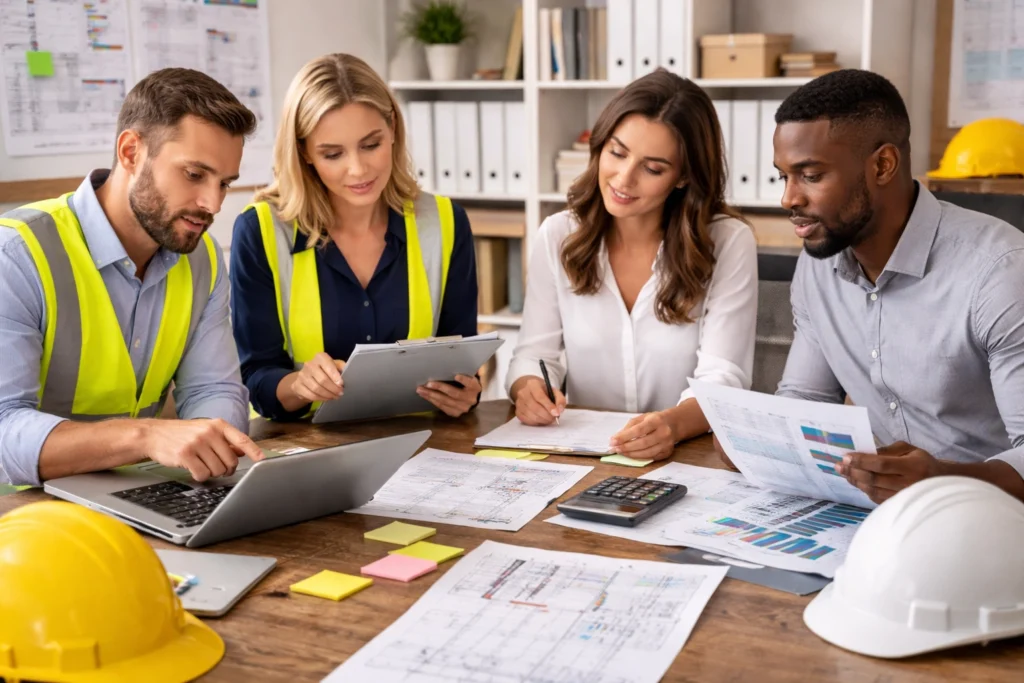 Construction financial team reviewing project budgets