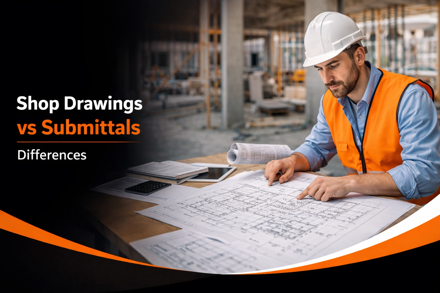 Contractor reviewing shop drawings on construction site