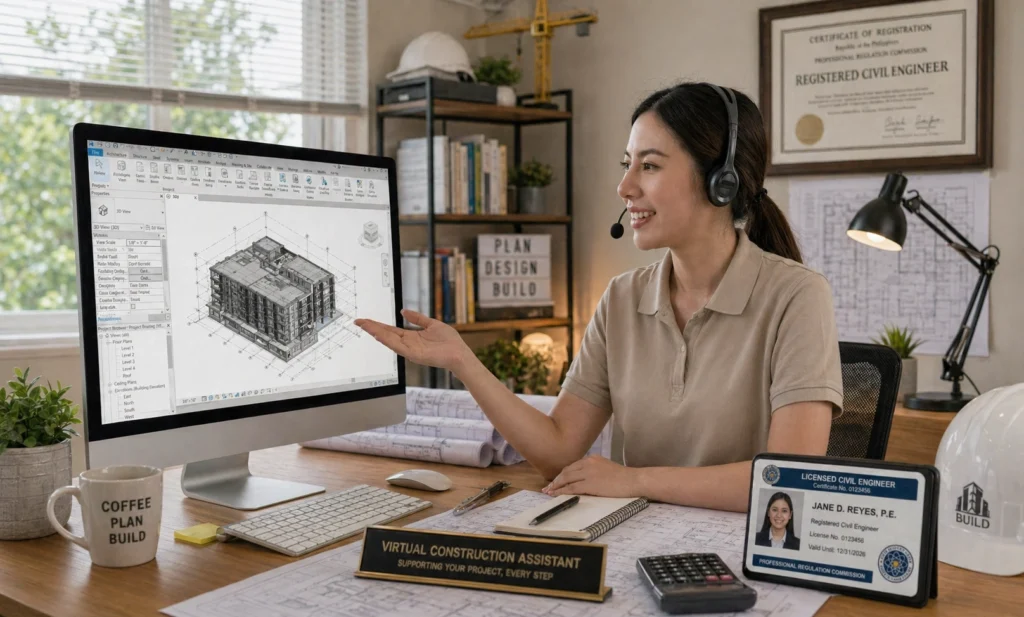 working construction virtual assistant showing her 3d model in her computer