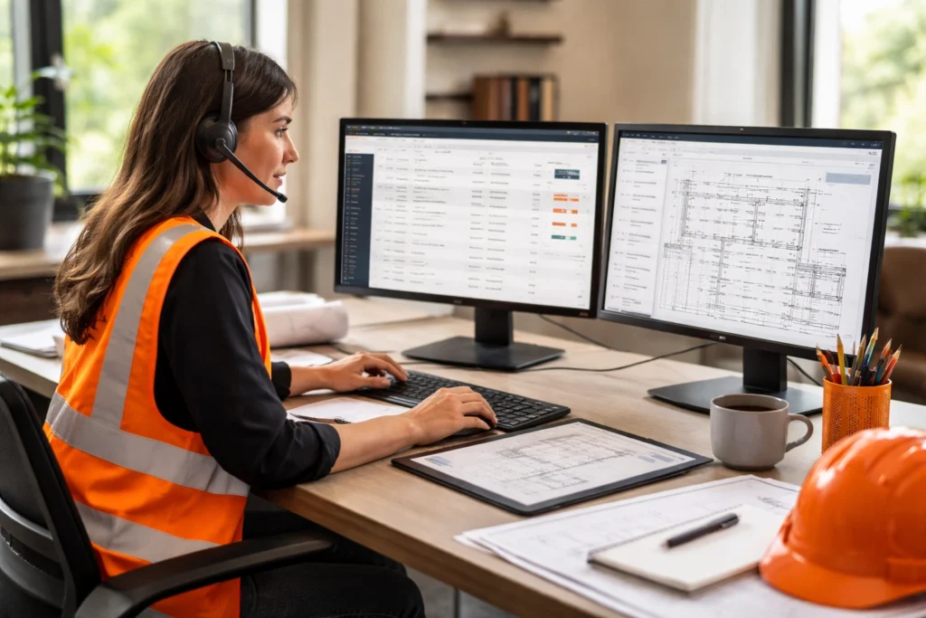 Construction VA admin using dual monitors for RFI and Submittal tracking