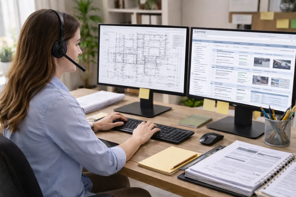Construction VA managing submittal log on dual monitors with shop drawing plans and tracking software