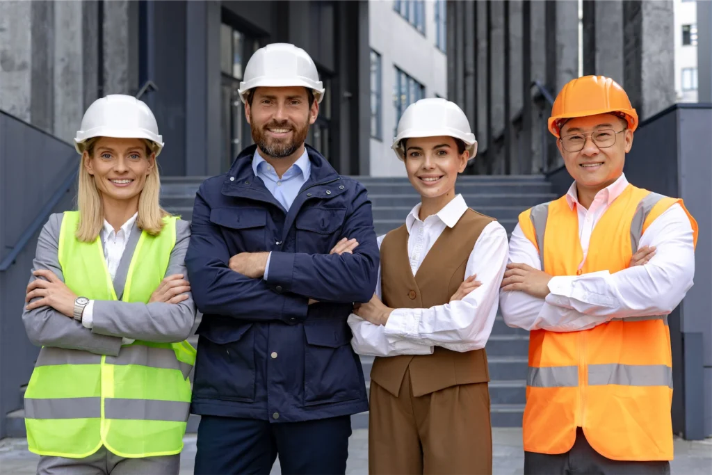 Construction team in safety gear posing at job site