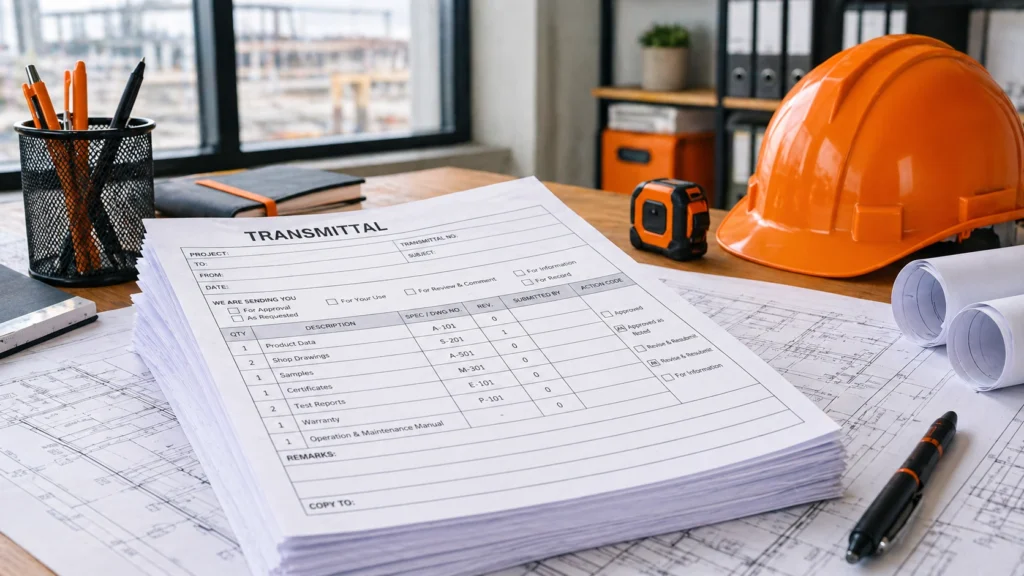 Construction transmittal documents on desk with hard hat and plans