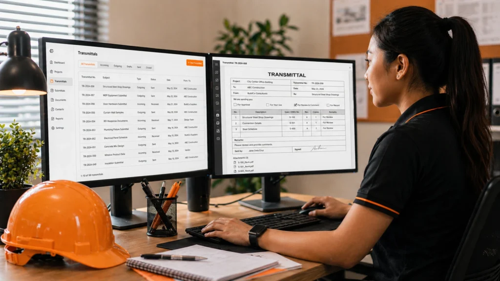 Construction virtual assistant managing transmittals on dual monitors