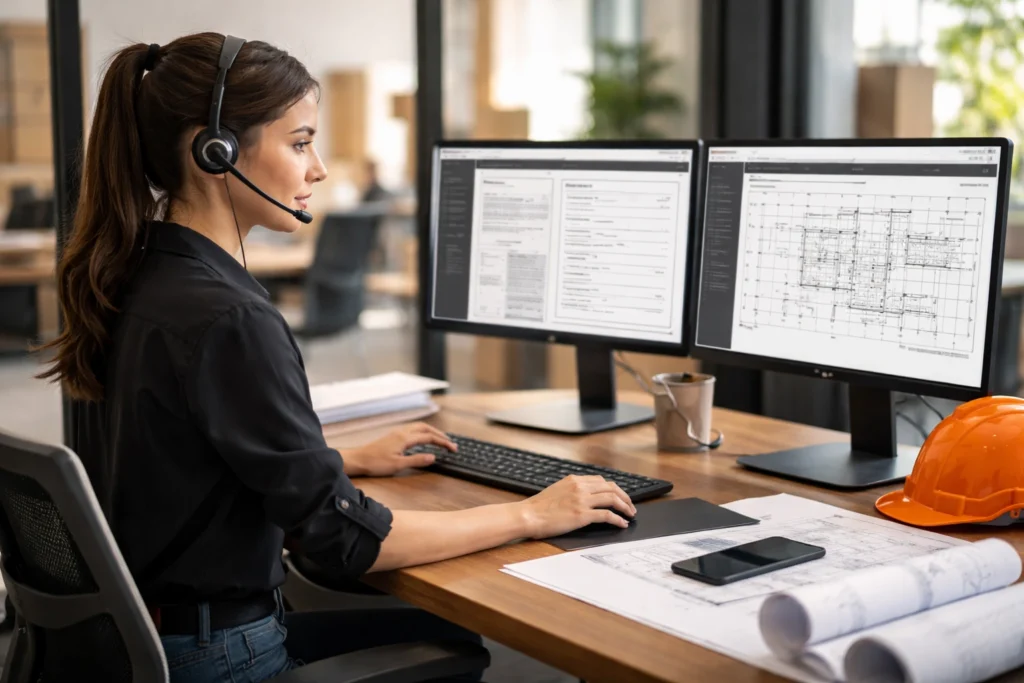 Construction virtual assistant reviewing blueprints on dual screens