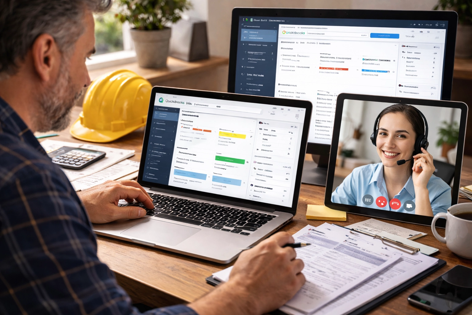 Contractor reviewing QuickBooks with virtual assistant call