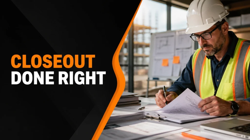 Contractor reviewing paperwork with closeout done right banner