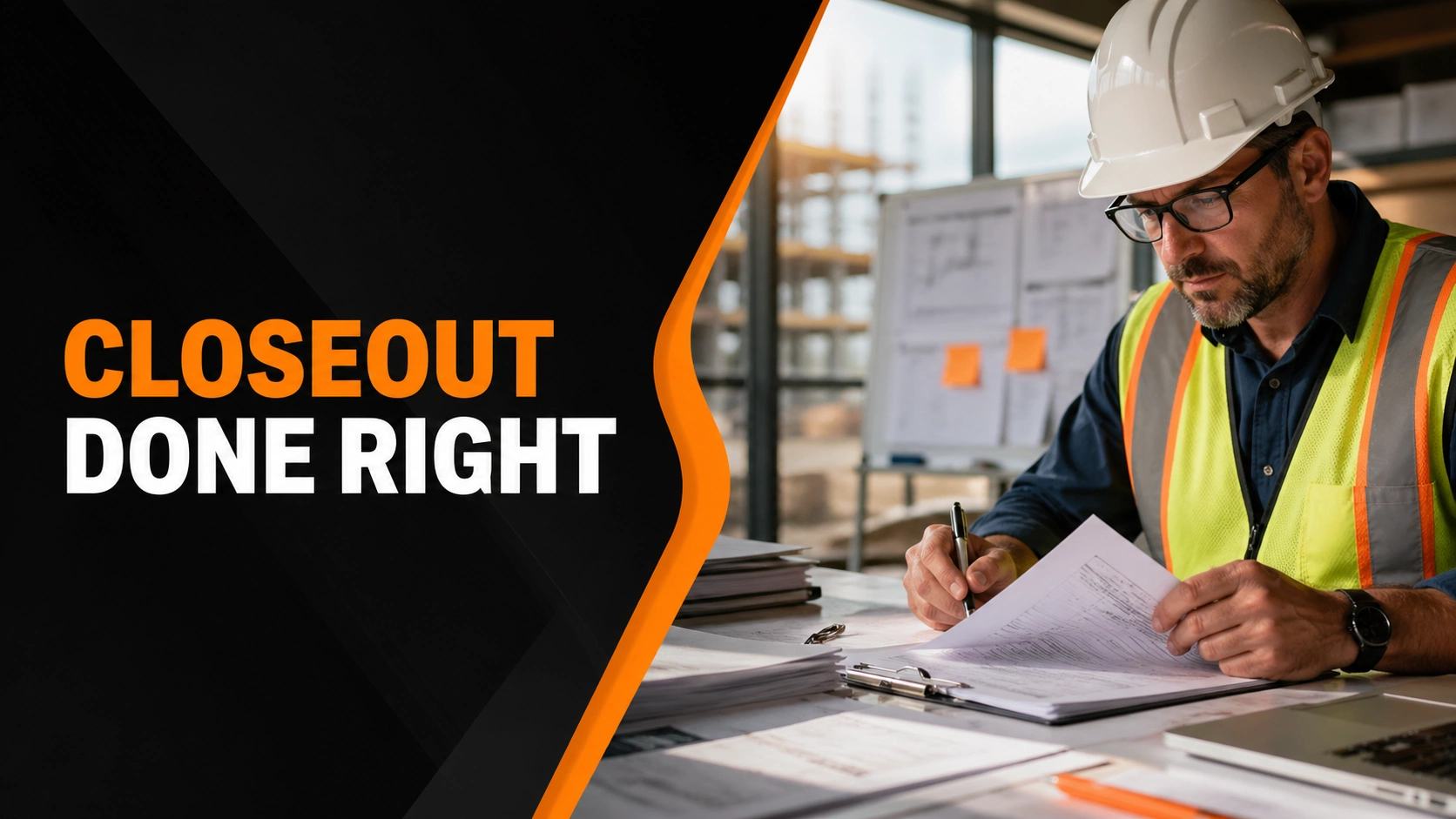 Contractor reviewing paperwork with closeout done right banner