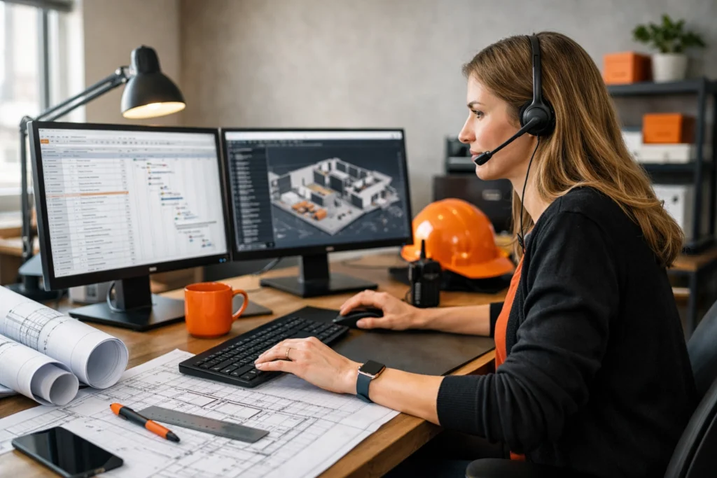 Project coordinator VA using construction software with headset and plans