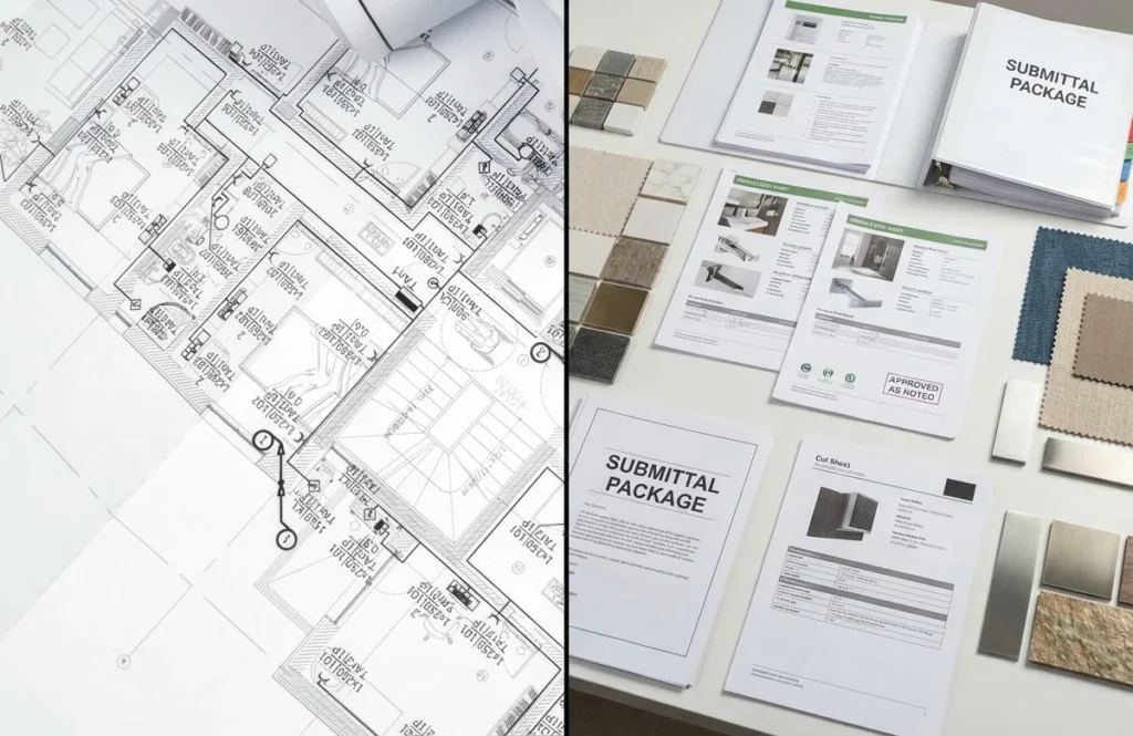 Split view of construction drawings and submittal package with material samples