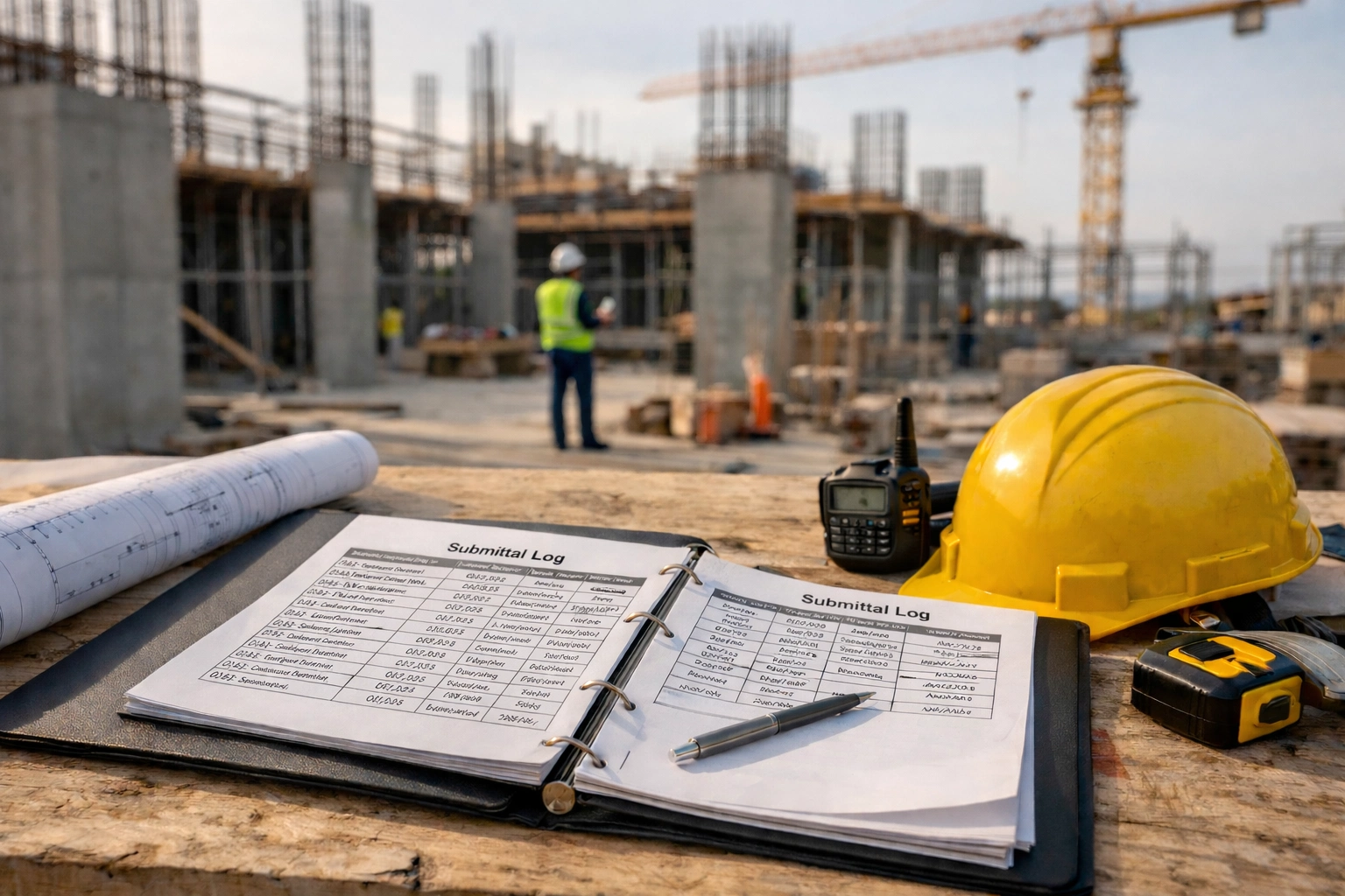 Submittal log binder on active construction site with hard hat and drawings nearby
