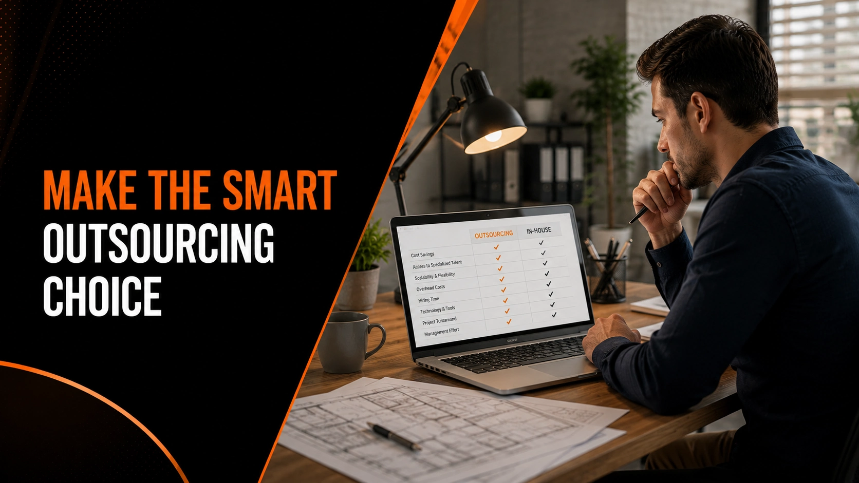 Architect reviewing outsourcing vs in-house staffing strategy for BIM work