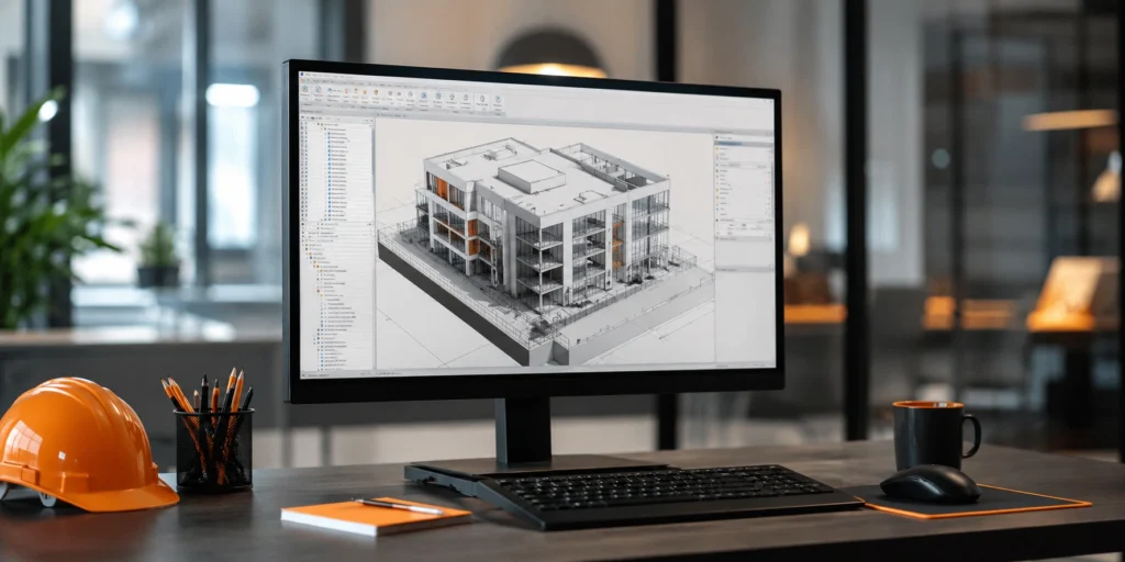 Architectural BIM workstation with Revit building model and drafting setup