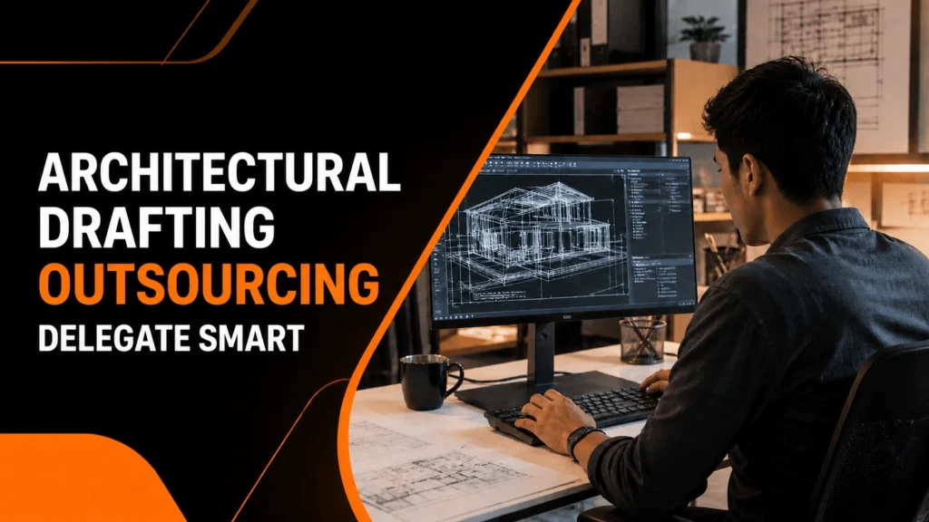 Architectural drafting outsourcing concept with CAD workstation