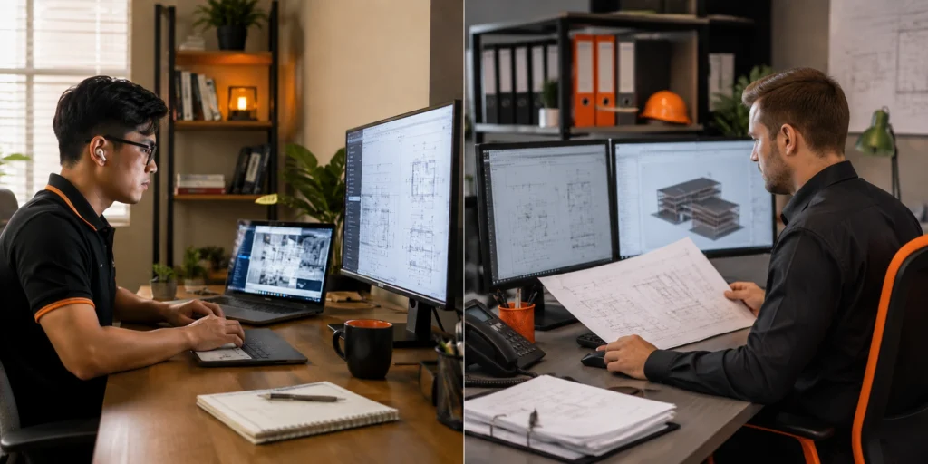 Architectural outsourcing and in-house Revit production workspace comparison