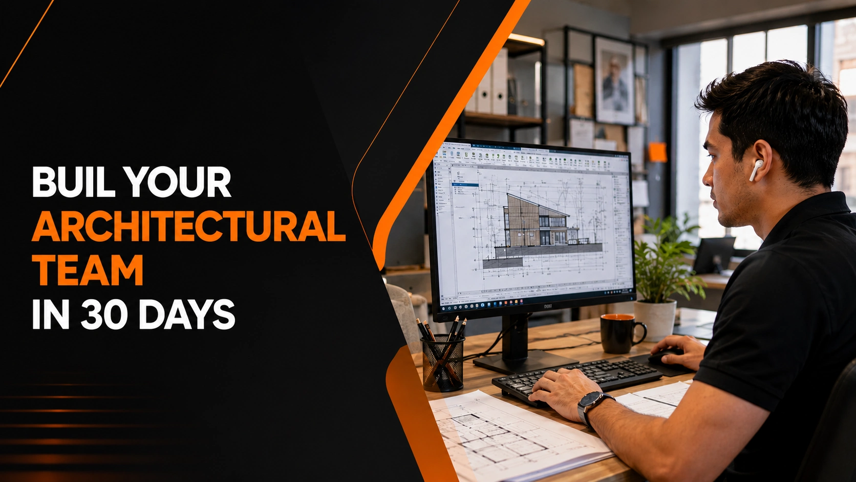 Architectural outsourcing specialist working on BIM drawings and construction documentation in a modern office environment