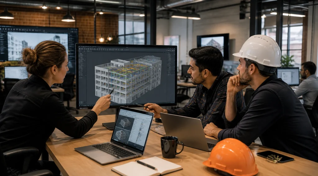 BIM coordination team reviewing 3D building model in office