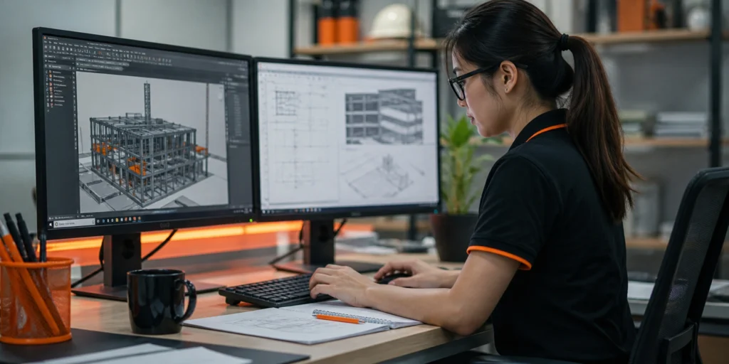 Construction VA working on BIM model in modern office setup