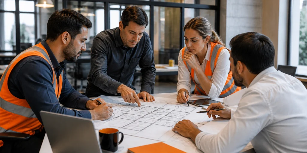 Construction team reviewing architectural plans at office table