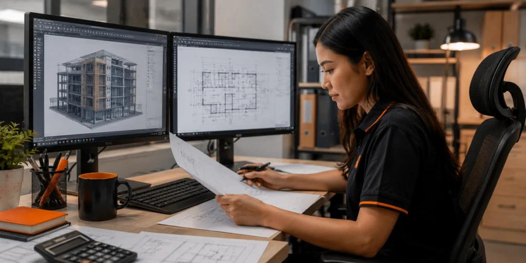 Construction virtual assistant reviewing architectural plans and BIM models at a modern remote workstation