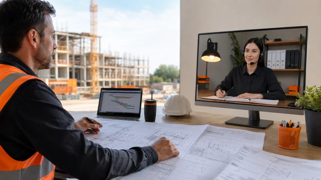 Contractor reviewing plans during a virtual meeting with remote construction assistant