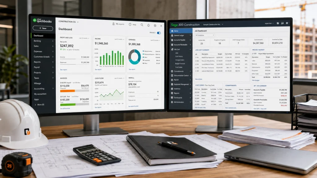 Dual monitors displaying QuickBooks and Sage 300 Construction accounting dashboards on construction office desk
