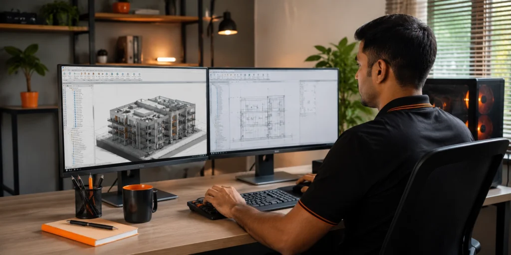 Revit modeling support specialist working remotely on BIM architecture plans