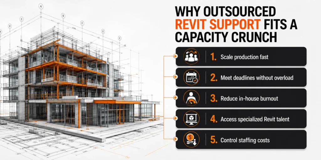 Revit support graphic showing how outsourced BIM services help architecture teams manage production capacity and deadlines