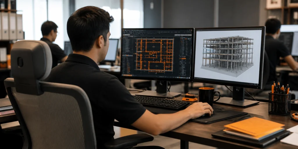 Structural drafting work on dual monitor CAD with construction drafting virtual assistant workstation