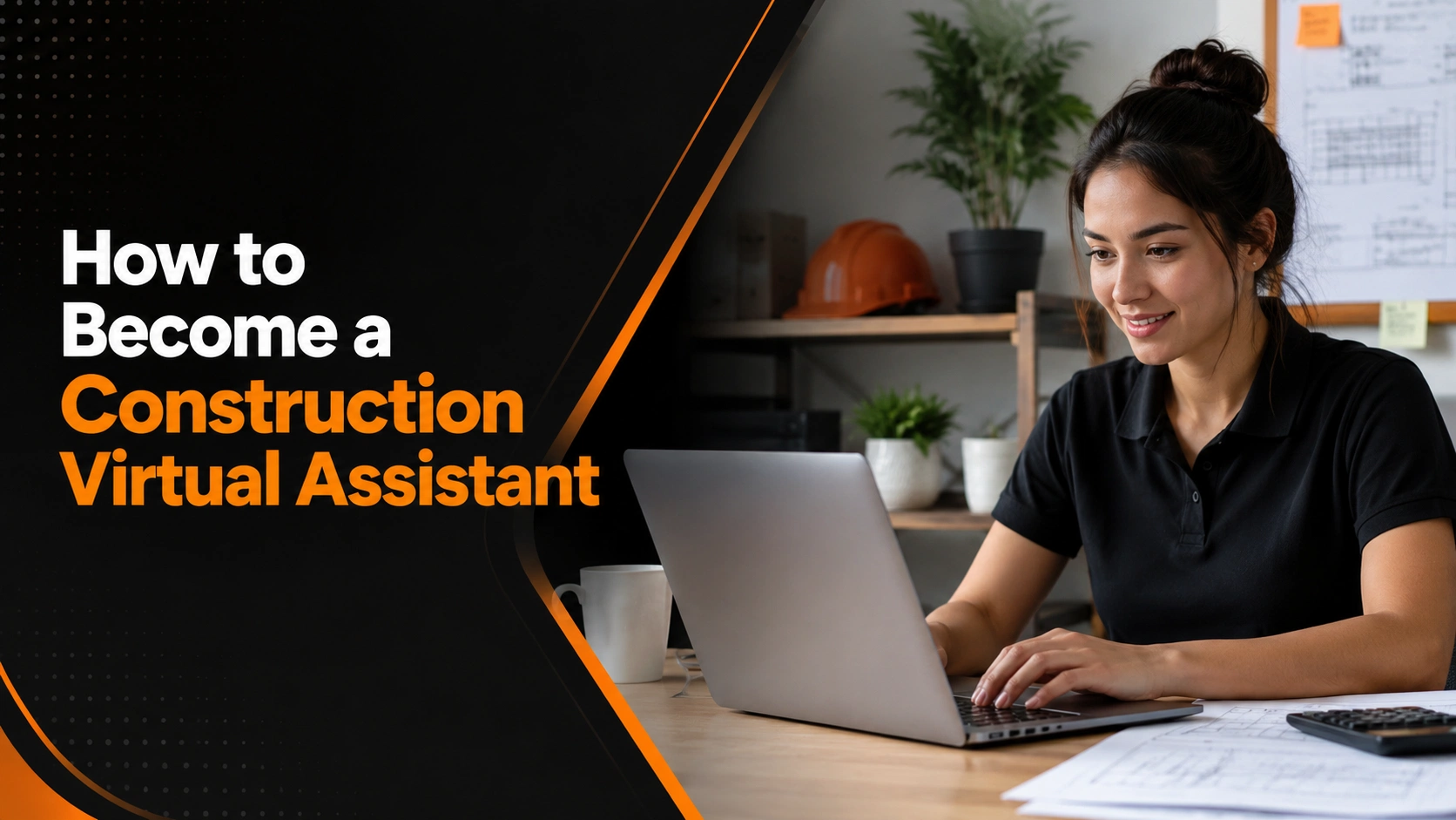 Woman working on laptop with text about how to become a construction virtual assistant