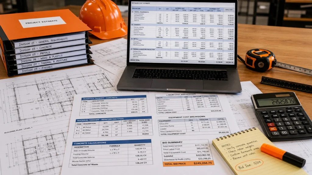 Construction estimate documents with quantity takeoffs, bid calculations, blueprints, and cost breakdown sheets