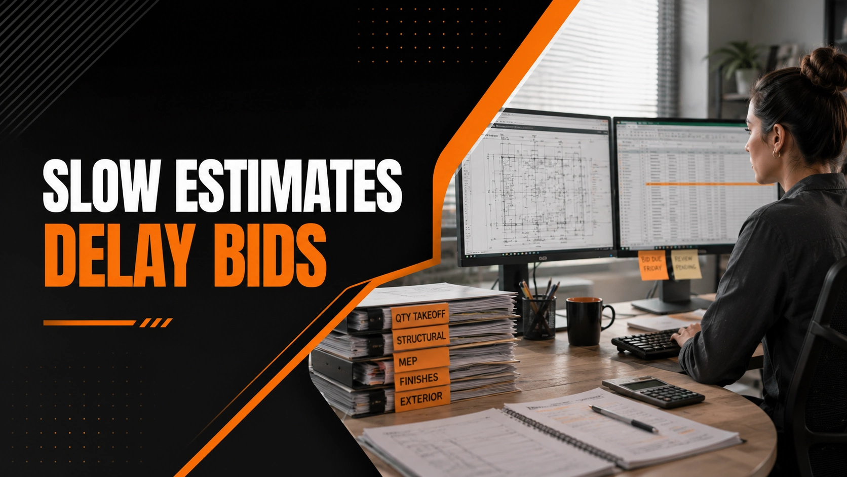 Construction estimator reviewing takeoff drawings and bid documents on dual monitors, illustrating the impact of delayed estimating workflows on project bidding