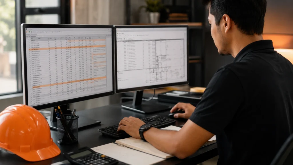Construction estimator using takeoff software and cost estimating spreadsheets on dual computer monitors